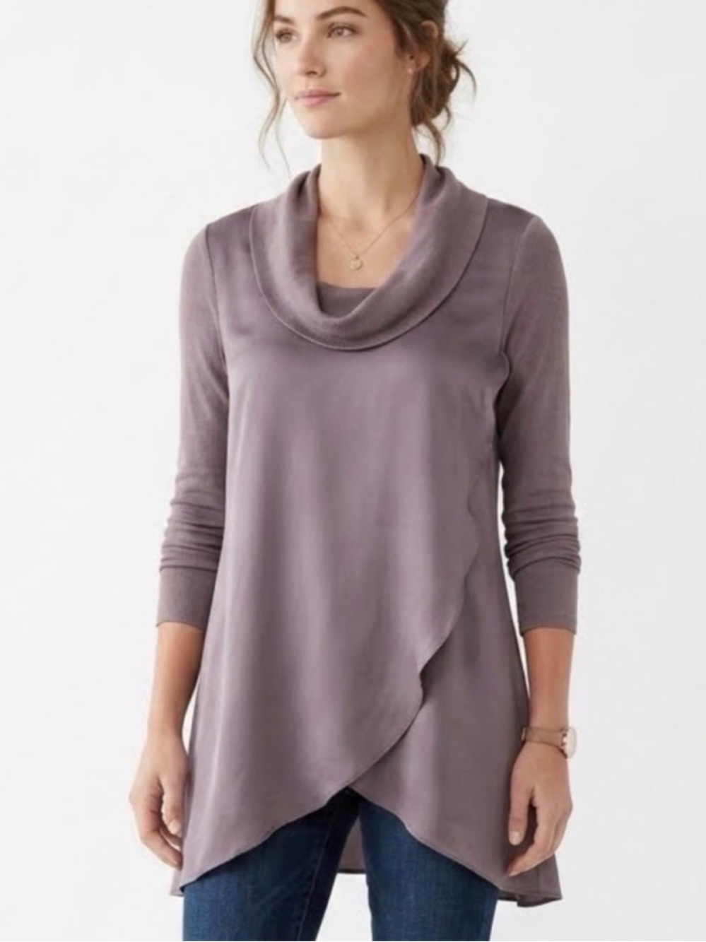 Anthropologie Deletta Taupe Cowl Neck Long Sleeve Tunic Top Mixed Media Large